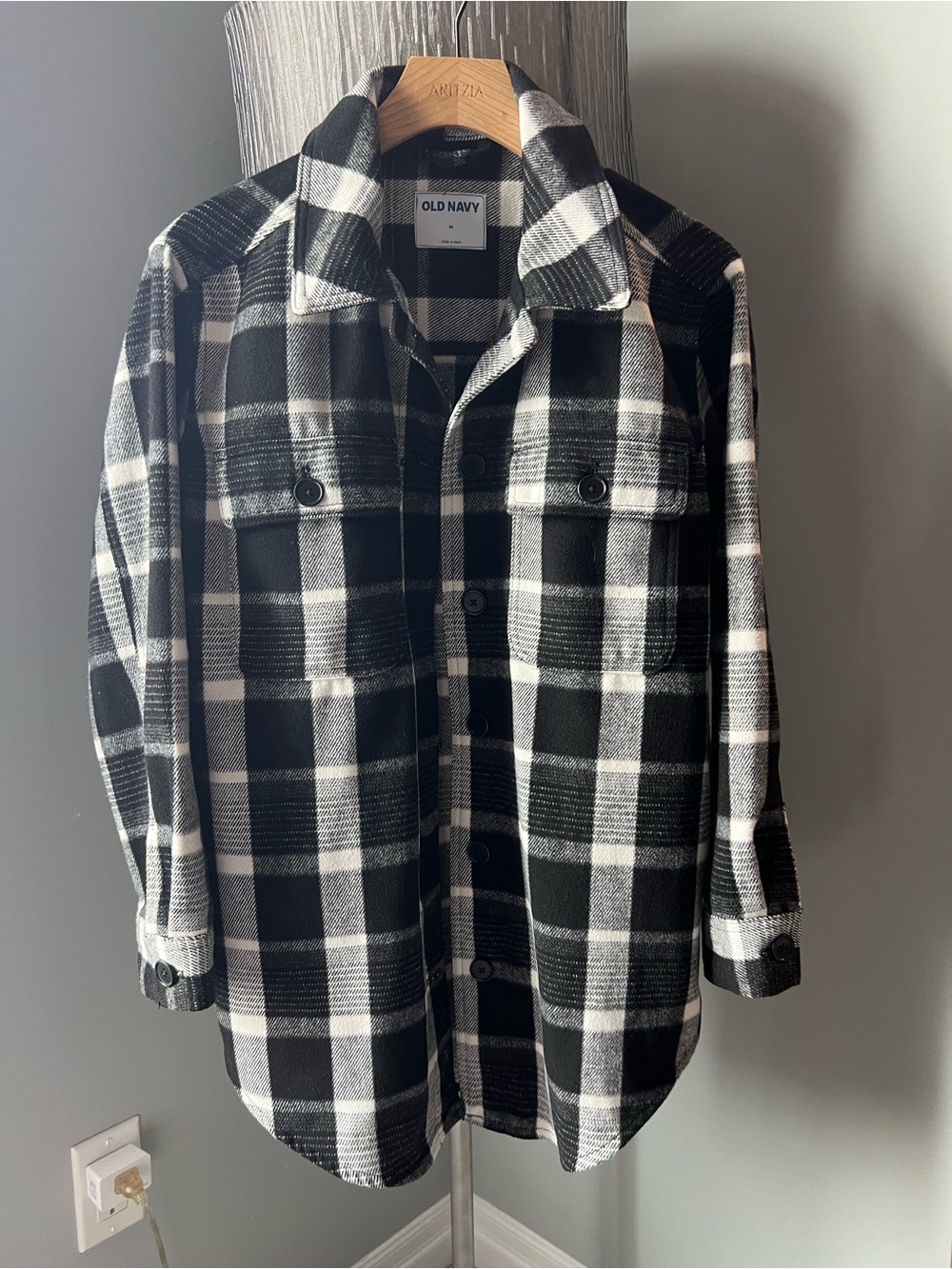Old Navy Black & White Plaid Button-Front Shirt Jacket